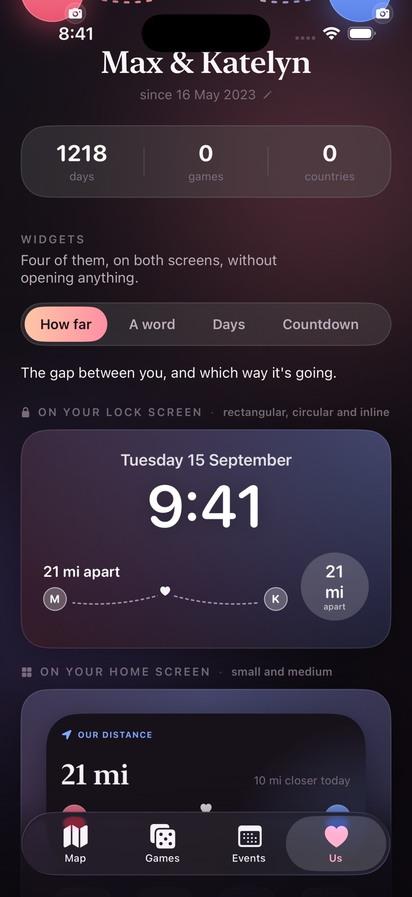 The Us tab: a row of widget names, then the distance widget shown on a Lock Screen with the clock above it, and the same widget again on a Home Screen.